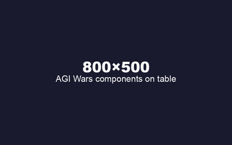 Close-up of AGI Wars play mat, character cards, contingency cards, and two six-sided dice